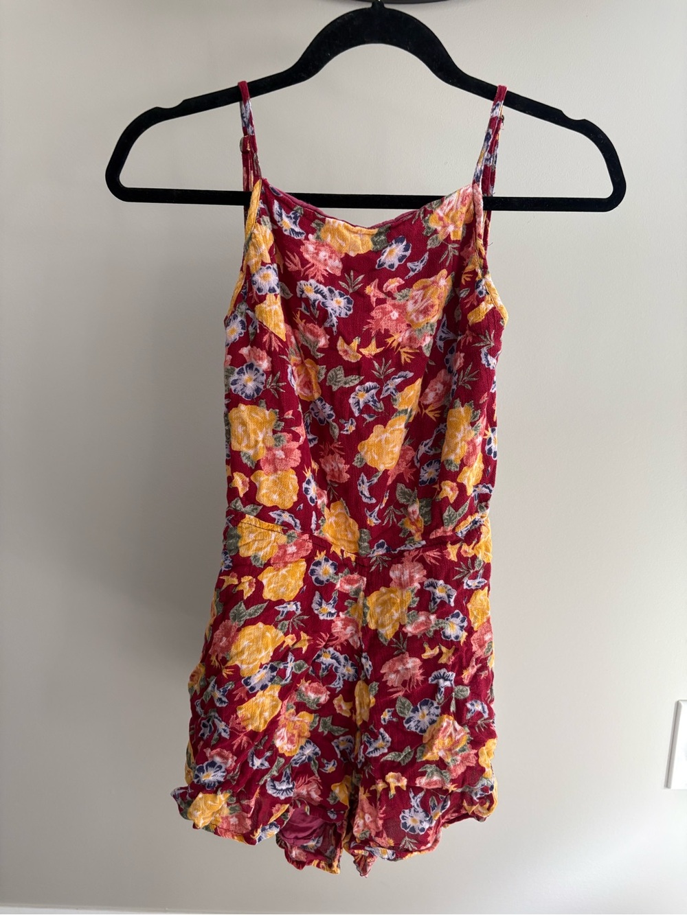 Billabong Girls' Floral Spaghetti-Strap Romper in Burgundy and Yellow